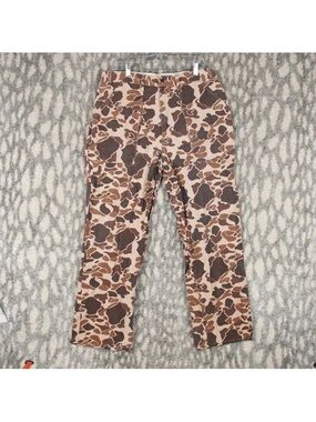 Vintage Duck Bay Camo Utility Pants Mens L 36x30 Brown Adjustable Waist Hunting